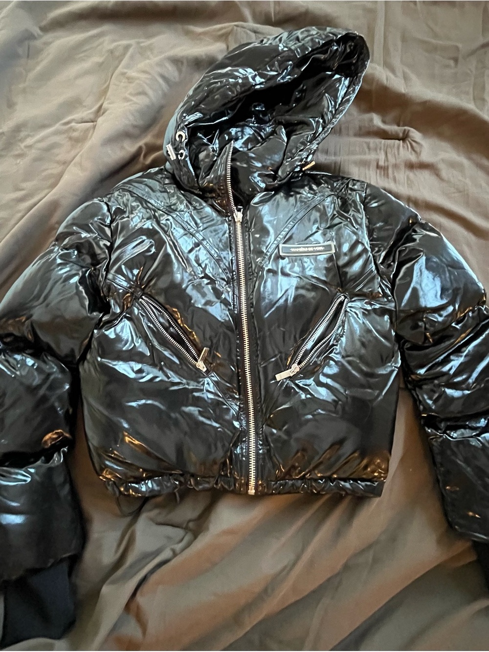 Manière De Voir Black Shiny Cropped Bomber Jacket - Picture 6 of 9